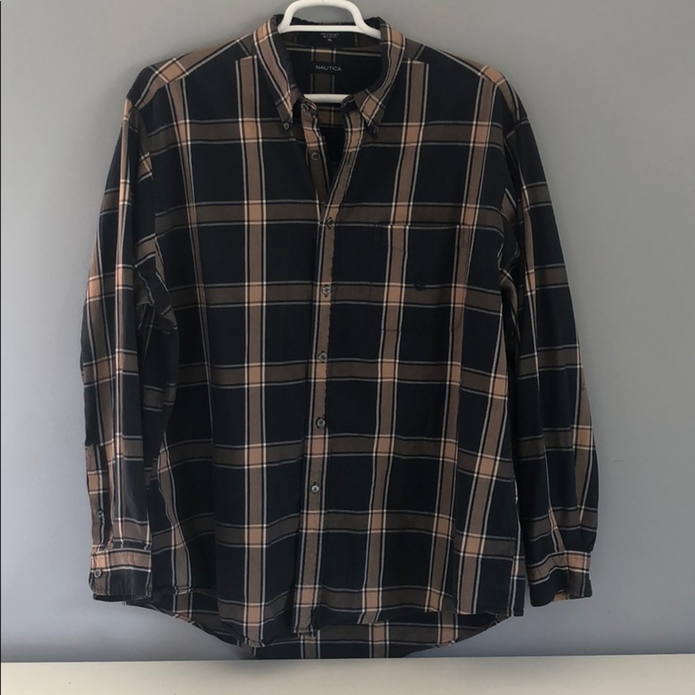 Nautica Mens Long Sleeve Navy Blue Yellow Plaid XL